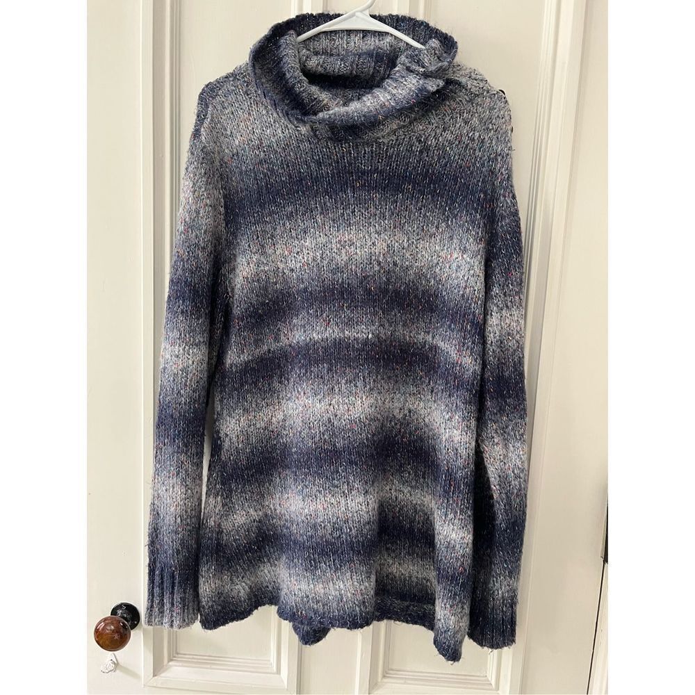 White sierra dark blue and light blue striped specked cowl neck acrylic sweater